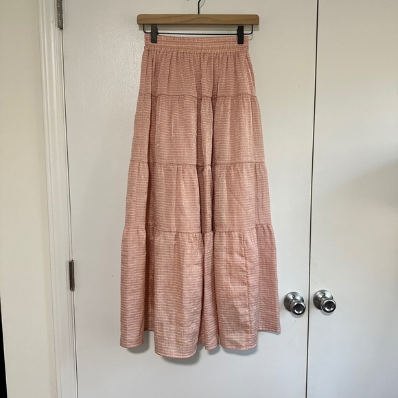 EN SAISON | Peach Pink Sparkle Tiered Boho Feminine Stripe Midi Skirt, Size S - Picture 4 of 9